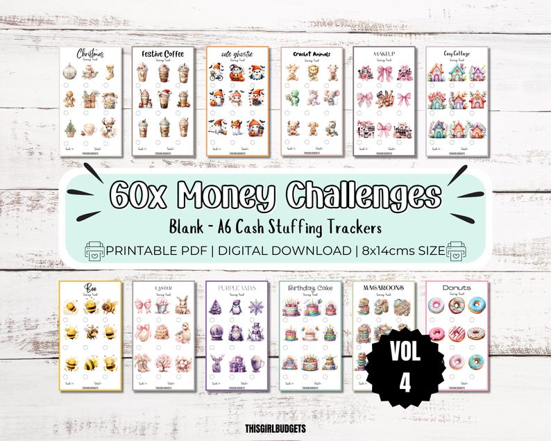 K&ouml;nnte beinhalten: Ein Set mit 60 druckbaren Geldherausforderungs-Trackern mit verschiedenen Themen wie Weihnachten, Ostern und Donuts. Die Tracker sind f&uuml;r Papier im A6-Format konzipiert und eignen sich perfekt zum Cash Stuffing. Der Text auf dem Bild lautet "60x Money Challenges, Blank - A6 Cash Stuffing Trackers, Printable PDF | Digital Download | 8x14cms Size, Vol 4".