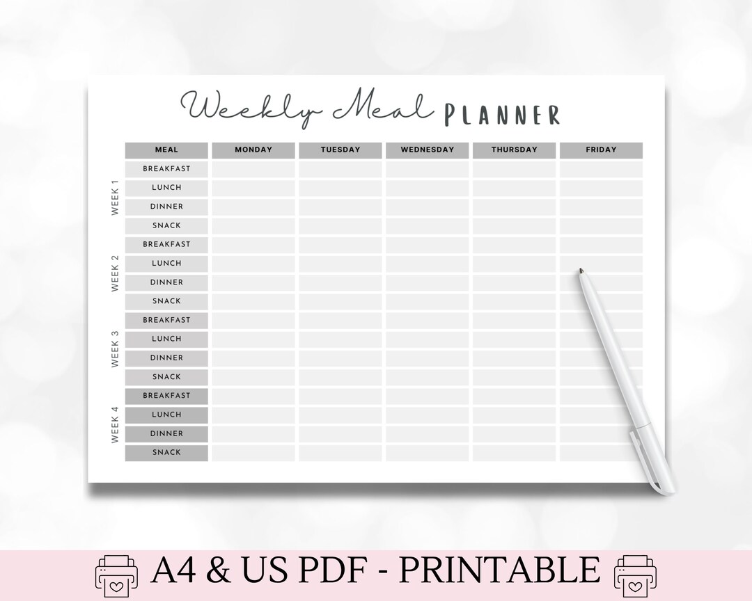 Weekly Meal Planner - A4 & US PDF Printable Landscape Minimalist, Food ...
