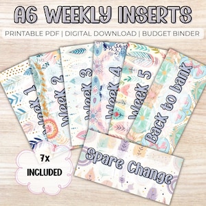 Inserciones semanales de plumas bohemias - PDF A6 imprimible, descarga digital, relleno de efectivo, carpeta de presupuesto, etiquetas para billetera con cremallera, extras para presupuestos.