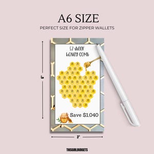 May include: A printable 52-week honey comb savings challenge chart. The chart is designed to help you save $1,040 over the course of a year. The chart is printed on a white background with a gray honeycomb pattern border. The chart is 6 inches tall and 3 inches wide.