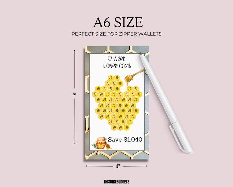 May include: A printable 52-week honey comb savings challenge chart. The chart is designed to help you save $1,040 over the course of a year. The chart is printed on a white background with a gray honeycomb pattern border. The chart is 6 inches tall and 3 inches wide.