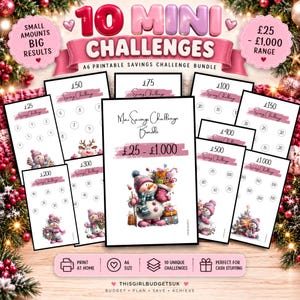 Peut inclure: Un ensemble de 10 cartes de défi d'épargne imprimables au format A6 avec des illustrations de bonhommes de neige et des objectifs monétaires allant de 25 £ à 1 000 £. Les cartes incluent des cercles pour le suivi et le texte 10 MINI CHALLENGES.