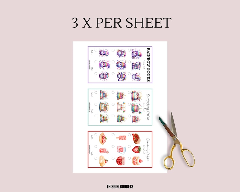 K&ouml;nnte beinhalten: Drei bedruckbare Bl&auml;tter mit Aufklebern, die farbenfrohe Illustrationen von Gnomen, Geburtstagstorten und Erdbeergen&uuml;ssen zeigen. Jedes Blatt hat drei Aufkleber pro Seite. Der Text "3 X PRO BLATT" befindet sich oben im Bild. Der Text "REGENBOGEN-GNOME", "Geburtstagstorte" und "Erdbeergenuss" steht auf jedem Blatt.