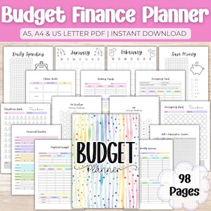 Puede incluir: Un conjunto de páginas imprimibles de un planificador financiero de presupuesto. La portada muestra "Budget Planner" sobre un fondo de rayas verticales de colores. El planificador incluye páginas para gastos diarios y seguimiento financiero.