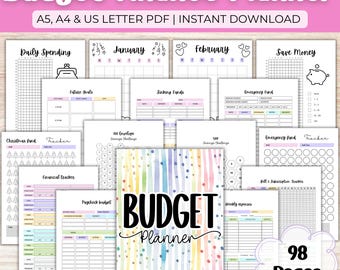 Rainbow Budget Planner Printable | Budget Binder Inserts A4, US, A5 | Monthly Budget, Savings & Debt Tracker PDF