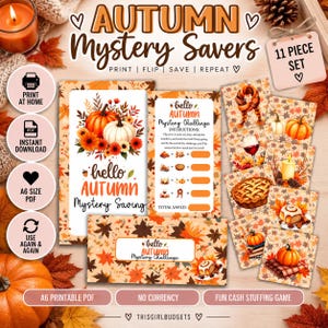 Könnte beinhalten: Ein 11-teiliges Autumn Mystery Savers Set zum Ausdrucken mit herbstlichen Motiven wie Kürbissen, Blättern, Kuchen und Kerzen. Enthält Herausforderungskarten, Anleitungen und Spar-Tracker mit dem Text Autumn Mystery Savers und Hello Autumn.