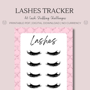 Könnte beinhalten: Ein druckbarer Tracker, um den Überblick über Wimpernverlängerungen zu behalten. Der Tracker hat einen rosa Hintergrund mit einem Meerjungfrauen-Schuppenmuster und das Wort "Wimpern" in schwarzer Schrift. Auf dem Tracker sind sechs schwarze Wimpern gezeichnet.