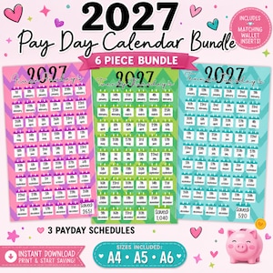 Pode incluir: Um conjunto de calendários de dia de pagamento 2027 com três folhas coloridas com padrões chevron em rosa, verde e turquesa. Cada folha exibe datas de pagamento mensais, incluindo calendários Five-Friday's, Twenty-Thursday's e Tenner-Tuesday's, com um mealheiro rosa e texto indicando os tamanhos A4, A5 e A6 incluídos.
