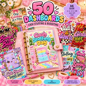 May include: A collection of 50 printable cash stuffing and budgeting dashboards in A6 size, measuring 11 x 17.5 cm. The set features colorful, illustrated designs with text including Cash Stuffing Day, Budget Babe, and Stuff It & Save It.