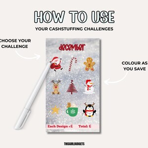 May include: A printable December cash stuffing challenge with Christmas-themed illustrations. The challenge includes a Santa Claus, reindeer, snowman, gingerbread man, candy cane, Christmas tree, hot chocolate, and penguin. Color in each illustration as you save money.