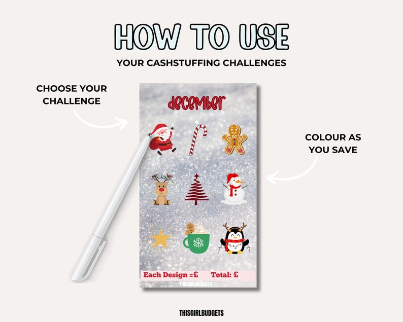 May include: A printable December cash stuffing challenge with Christmas-themed illustrations. The challenge includes a Santa Claus, reindeer, snowman, gingerbread man, candy cane, Christmas tree, hot chocolate, and penguin. Color in each illustration as you save money.