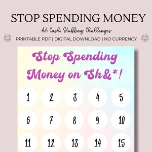 Op de afbeelding: Een printbaar raster van 15 vierkanten met de tekst "Stop Spending Money on Sh&*!" bovenaan. Elk vierkant is genummerd van 1 tot 15.