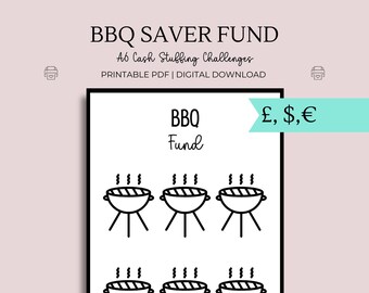BBQ Saver Fund Challenge - Wyzwania cyfrowe do druku w formacie A6, Śledzenie wydatków gotówkowych, Gry budżetowe, Wielka Brytania, USA i Euro, Spotkania towarzyskie
