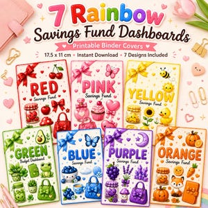 May include: Seven rainbow savings fund dashboards featuring printable binder covers in red, pink, yellow, green, blue, purple, and orange. Each card displays themed illustrations, text labels, and bows. The set measures 17.5 x 11 cm.