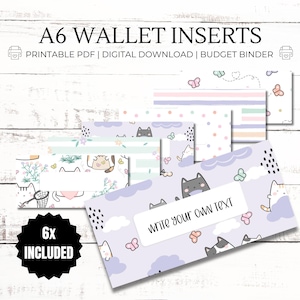 Insertos de gato kawaii: relleno de efectivo imprimible en formato PDF A6, billeteras con carpetas de presupuesto, etiquetas con cremallera para billeteras, extras para presupuestos, sistema de sobres para efectivo