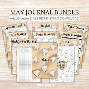 May include: A printable May journal bundle with a beach theme. The pages include a happiness tracker, book tracker, highlight of the day, playlist, shows to watch, movies to watch, habit tracker, and doodle of the day. The pages are decorated with seashells and a brown background.