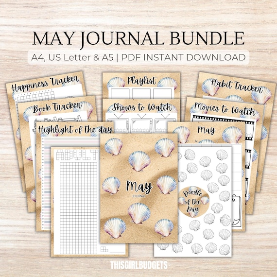 May Journal Pages - PRINTABLE A4, US & A5, Sea Shells Daily Tracker, 2025 Planner, Bullet Journal, Habit Trackers, Adulting Pixel Sheet Log