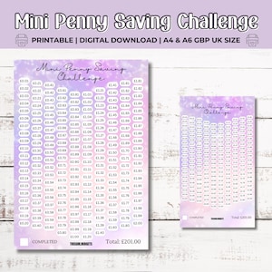 Mini Penny Saving Challenge stampabile per l'accumulo di contanti / A4 e A6 Save 201 Money Tracker / Budget a basso reddito / Download digitale PDF