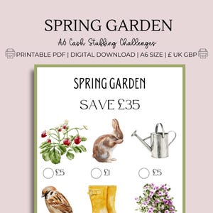 May include: Printable A6 size PDF with a spring garden theme. The image shows a watercolor illustration of a rabbit, a watering can, a strawberry plant, a pair of yellow rain boots, a sparrow, and a bunch of purple flowers. The text on the page reads "Spring Garden Save £35" and includes three circles with the options "£5", "£1", and "£5".