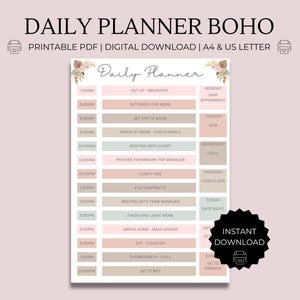 Sjabloonplanner dagelijkse planning - afdrukbare A4- en US Letter-pdf, boho-werkroutine, wekelijkse kalenderlijst, thuis afdrukken, organisator dagelijks leven