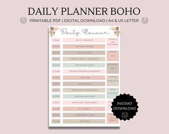 May include: A Daily Planner Boho printable PDF with a soft color palette. The planner features a schedule with time slots and activities, including work, meetings, and personal tasks. The design includes floral accents and the text "Instant Download."