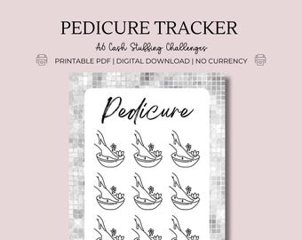 May include: A printable A6 cash stuffing challenge tracker featuring the text PEDICURE TRACKER and A6 Cash Stuffing Challenges. The card has a silver glitter border and a white center with nine black line art icons of a foot in a basin.