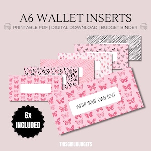 Insertos de mariposas: relleno de efectivo imprimible en formato PDF A6, billetera con carpeta de presupuesto, etiqueta de billetera con cremallera, extras para presupuestos, sistema de sobres para efectivo