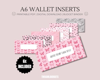 Puede incluir: Un juego de seis insertos de billetera A6 para carpeta de presupuesto, con varios patrones en rosa y negro que incluyen mariposas, hojas y líneas abstractas. Cada inserto rectangular tiene un área de etiqueta blanca con el texto WRITE YOUR OWN TEXT.