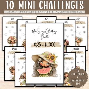 Puede incluir: Un paquete de 10 tarjetas imprimibles de desafío de ahorro tamaño A6 con ilustraciones de personajes con sombreros florales y varios montos en dólares desde $25 hasta $1,000. Las tarjetas incluyen iconos circulares para seguimiento y etiquetas de texto.