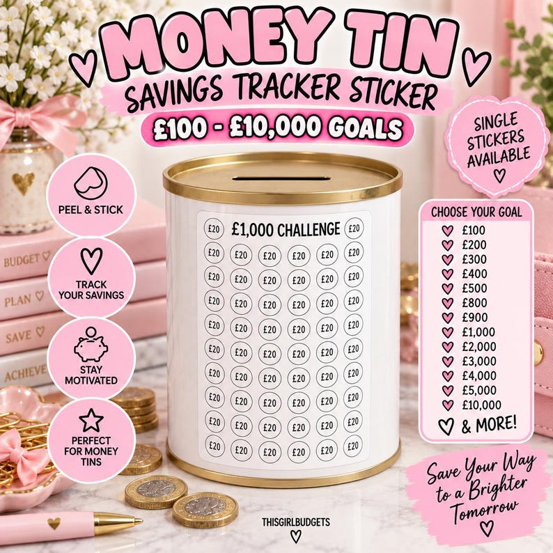 Puede incluir: Una hucha cil&iacute;ndrica blanca con borde dorado y ranura para monedas. La pegatina muestra &pound;1,000 CHALLENGE con c&iacute;rculos marcados con &pound;20. El texto incluye MONEY TIN SAVINGS TRACKER STICKER, &pound;100 - &pound;10,000 GOALS y varios iconos explicativos.