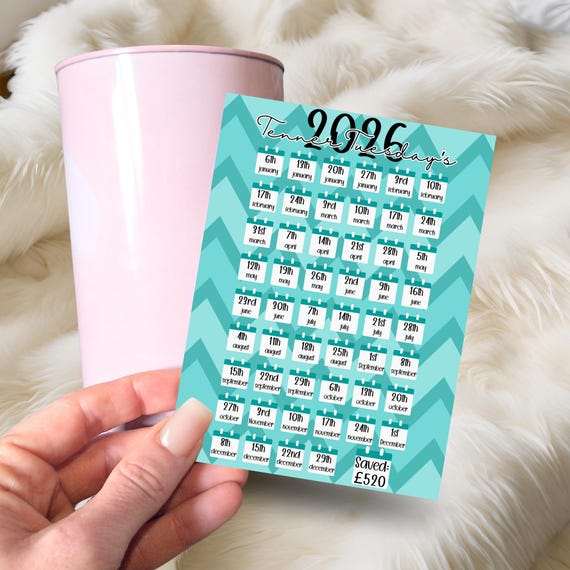 2026 Tenner Tuesday's Money Tin Sticker - Save 520 pounds, Money Saving Challenge, Track your Savings, Annual Savers, Weekly Saving Trackers