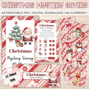 May include: A set of Christmas-themed printable cards with a red and white candy cane stripe design. The set includes cards with Santa Claus, Christmas trees, and other festive illustrations. The text "Christmas Mystery Savers" is displayed at the top.