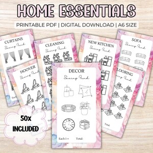 May include: Printable A6 size PDF download of 50 home essentials saving fund trackers. The trackers are organized into categories such as curtains, cleaning, decor, new kitchen, sofa, and flooring. Each tracker features a simple line drawing of the item and a space to track savings.