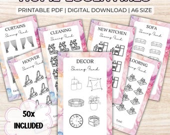 May include: Printable A6 size PDF download of 50 home essentials saving fund trackers. The trackers are organized into categories such as curtains, cleaning, decor, new kitchen, sofa, and flooring. Each tracker features a simple line drawing of the item and a space to track savings.