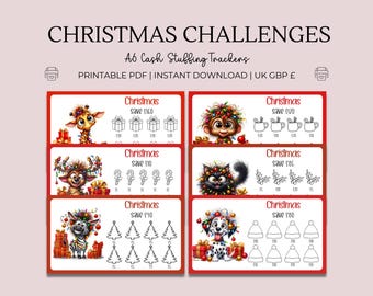 Christmas Funny Animals Saving Challenges - A6 Printable PDF UK GBP, Cash Stuffing Trackers, Low Income Savers, Money Festive Budgeting