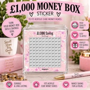 May include: A square acrylic money box featuring a pink sticker with a £1,000 Saving Challenge grid. The grid contains 100 squares, each labeled £10, decorated with pink stars. The text reads £1,000 MONEY BOX, STICKER, and THISGIRLBUDGETS.