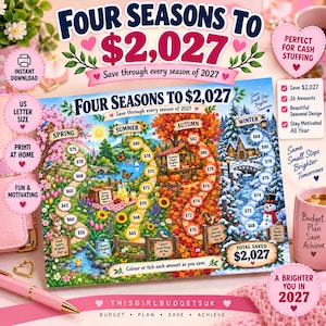 Può includere: Un foglio di monitoraggio dei risparmi Four Seasons to $2,027 con quattro distinti paesaggi stagionali. Il design include percorsi con importi in dollari in cerchi da colorare o spuntare, circondati da illustrazioni di primavera, estate, autunno e inverno, con testo che include 'Save through every season of 2027' e 'Total Saved $2,027'.