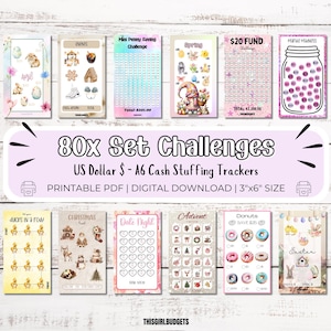 80x A6 Dollar CashStuffing Challenges - Download digitale stampabile PDF USA, risparmio di denaro, tracker di budget, fondi di ammortamento, risparmiatori mensili