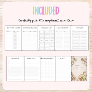 May include: A meal planner with various pages, including favorite recipes, inventory tracker, grocery lists, and a food list. The cover features a watercolor illustration of a meal. The word "INCLUDED" is written in colorful letters at the top.