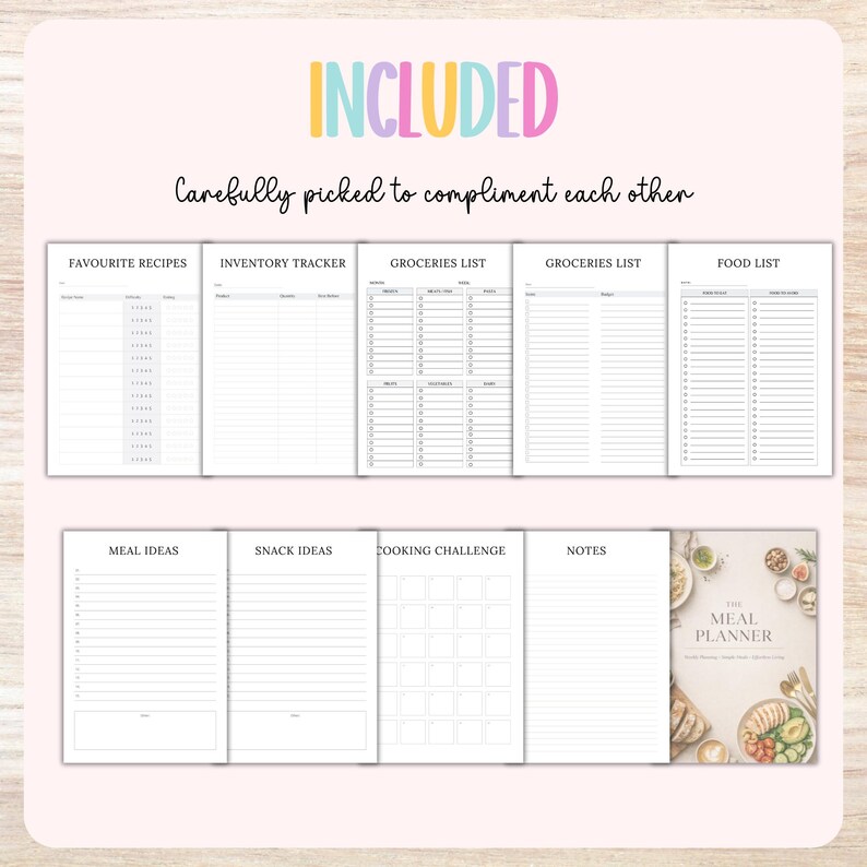May include: A meal planner with various pages, including favorite recipes, inventory tracker, grocery lists, and a food list. The cover features a watercolor illustration of a meal. The word "INCLUDED" is written in colorful letters at the top.