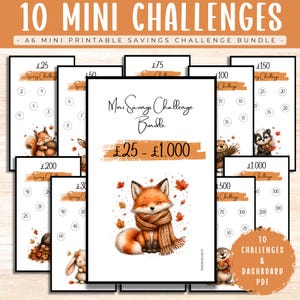 Könnte beinhalten: Ein druckbares A6-Spar-Challenge-Set mit 10 Karten, verziert mit Waldtieren und Herbstblättern. Jede Karte zeigt ein Sparziel zwischen 25 £ und 1.000 £ sowie kreisförmige Felder zur Dokumentation des Fortschritts.