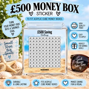 May include: A clear acrylic cube money box featuring a sticker with a £500 Saving Challenge grid. The grid contains 100 squares, each marked with £5. The box has a coin slot on top and is displayed with text overlays describing the product features.