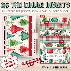 Könnte beinhalten: A6-Registereinsätze mit Weihnachtsmotiv. Die Einsätze zeigen Aquarellillustrationen von Weihnachtsbäumen, Kugeln und Geschenken. Das Set enthält 6 Registerteiler und ist als druckbarer PDF-Digitaldownload erhältlich. Der Text auf dem Bild lautet "You can also write here too!"