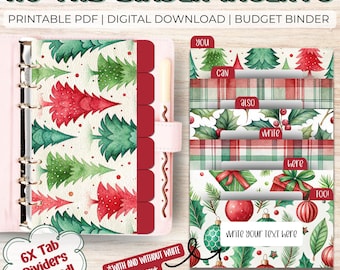 Puede incluir: Insertos de carpeta de pestañas A6 con temática navideña. Los insertos presentan ilustraciones de acuarela de árboles de Navidad, adornos y regalos. El conjunto incluye 6 divisores de pestañas y está disponible como descarga digital PDF imprimible. El texto dice "You can also write here too!"
