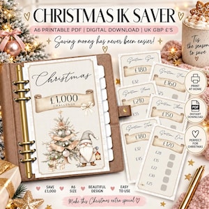 May include: A Christmas 1K Saver A6 printable PDF digital download featuring a binder with a challenge page, a gnome illustration, a decorated tree, and multiple savings tracker cards with British pound currency symbols and section labels.