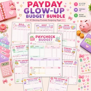 May include: A Payday Glow-Up Budget Bundle featuring 10 printable budgeting pages, including a Paycheck Budget, Bill Tracker, and Debt Freedom Plan. The set includes a pink calculator, a piggy bank, and stickers, all sized at 8.5 inches by 11 inches.