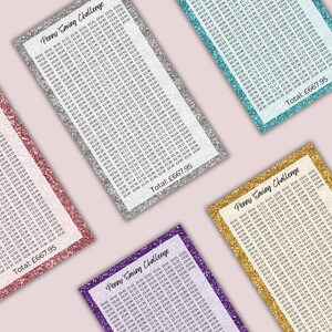 May include: Five rectangular Penny Saving Challenge trackers with glittery borders in pink, silver, teal, purple, and gold. Each tracker features a grid of monetary values in British pounds, starting from &pound;0.01 and ending with a total of &pound;667.95.