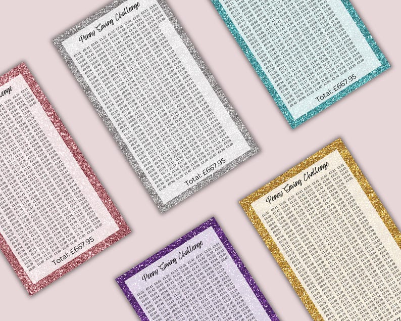 May include: Five rectangular Penny Saving Challenge trackers with glittery borders in pink, silver, teal, purple, and gold. Each tracker features a grid of monetary values in British pounds, starting from &pound;0.01 and ending with a total of &pound;667.95.