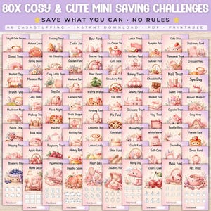 Puede incluir: Una colección de 80 tarjetas de desafío de ahorro imprimibles en formato A6 con ilustraciones en tonos rosa suave y pastel de diversos temas como comida, pasatiempos y estaciones. Cada tarjeta incluye un título, un gráfico e iconos de seguimiento.