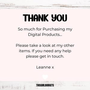 K&ouml;nnte beinhalten: Eine rosa Dankeskarte mit dem Text "THANK YOU" in Schwarz. Die Karte sagt "So much for Purchasing my Digital Products... Please take a look at my other items. If you need any help please get in touch. Leanne x THISGIRLBUDGETS"